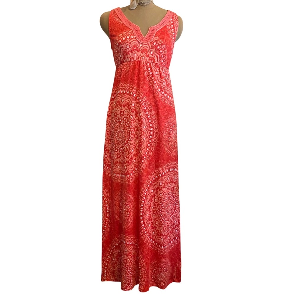 New Tommy Bahama Maxi Dress Boho Dahlia Medallion Women 100% Linen Red S 4/6 - Picture 1 of 7